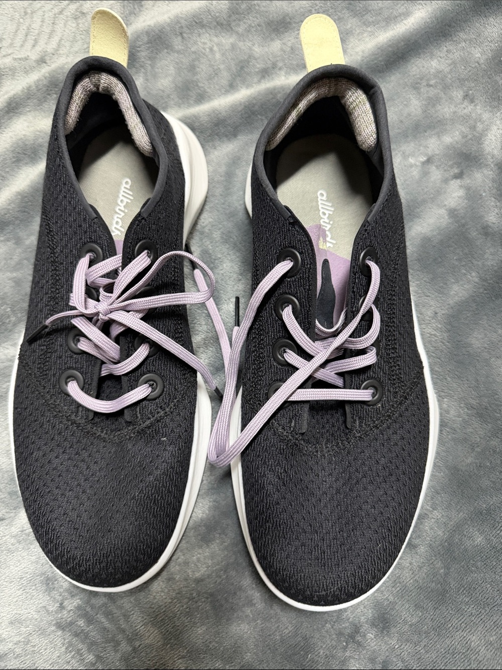 allbirds Women's Black Knit Sneakers with Lavender Laces